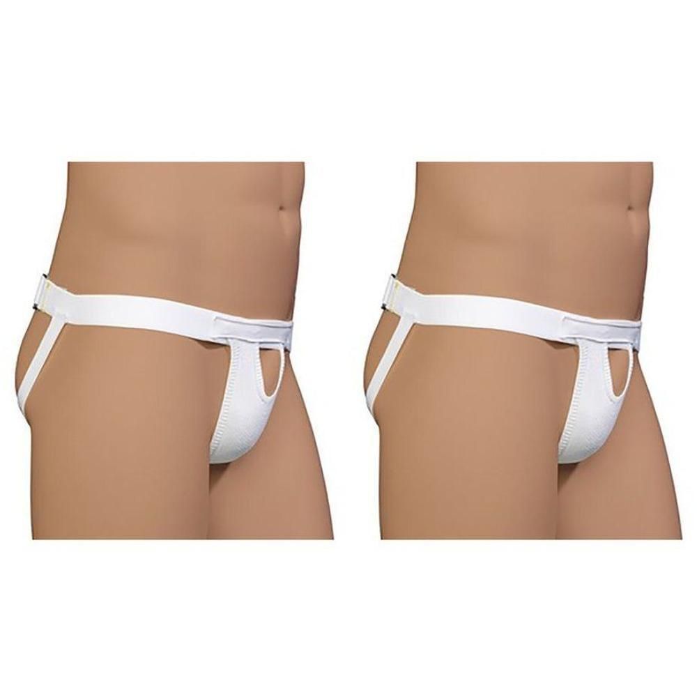 Twee witte suspensoriums met witte banden en een elastische tailleband.