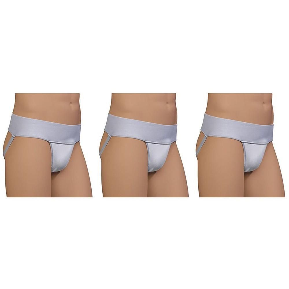 Drie grijze suspensoria met een brede tailleband en bandjes, gedragen op een mannelijk torso.