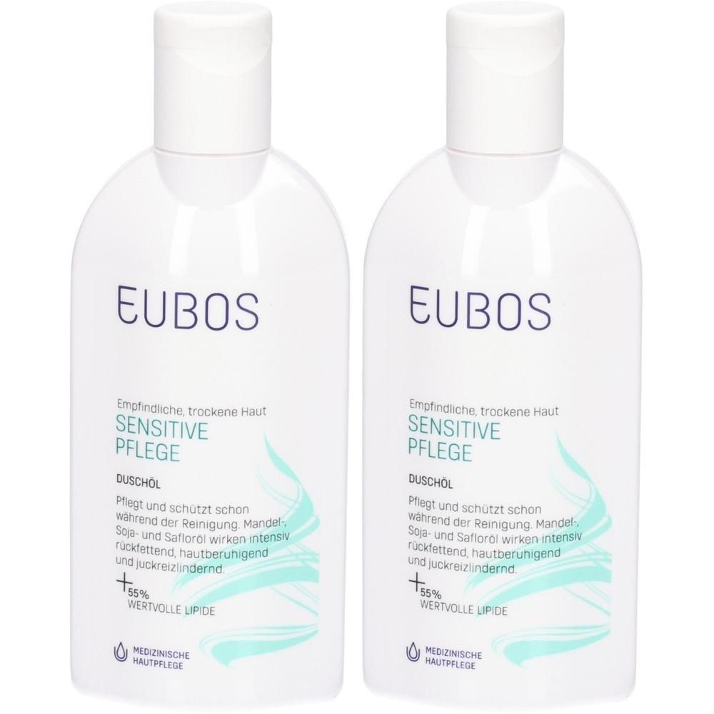 Deux flacons d'huile de douche Eubos Sensitive pour peaux sensibles et sèches. Contient des lipides précieux.