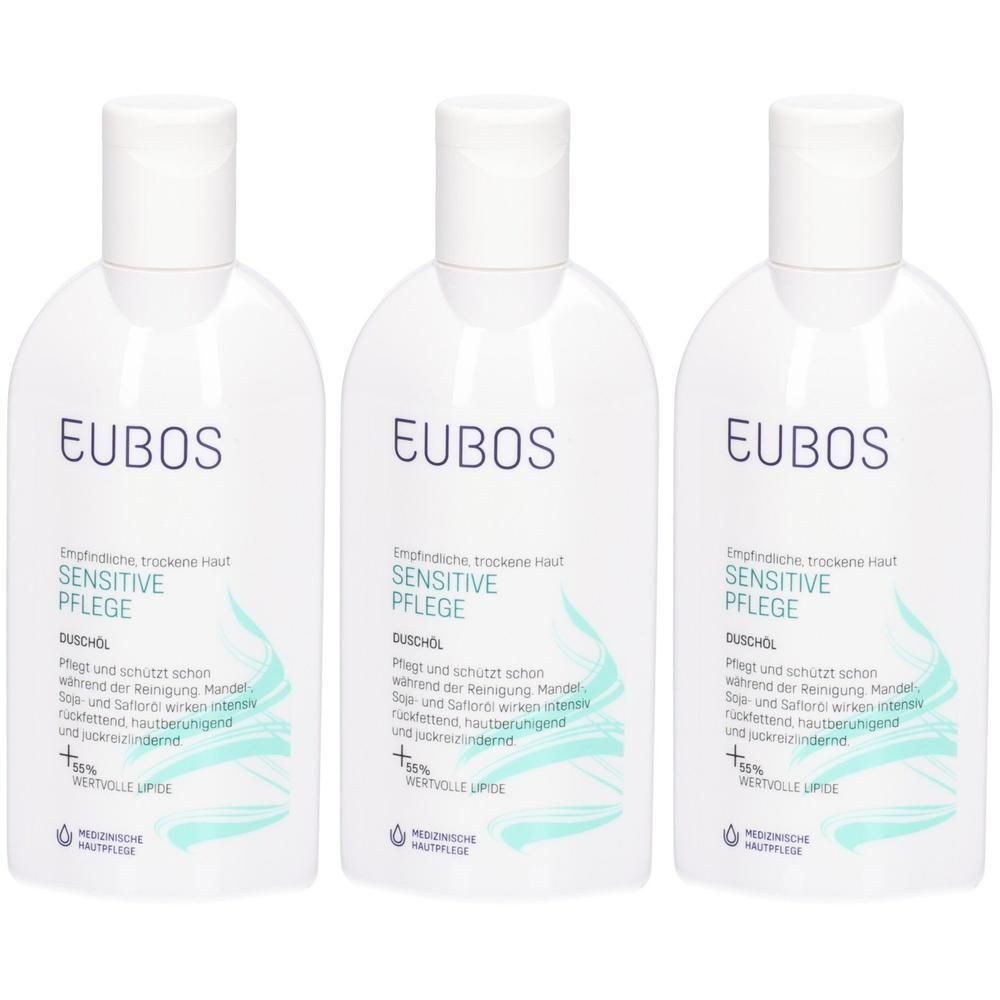 Trois flacons blancs d'huile de douche Eubos Sensitive Pflege pour peaux sensibles et sèches.