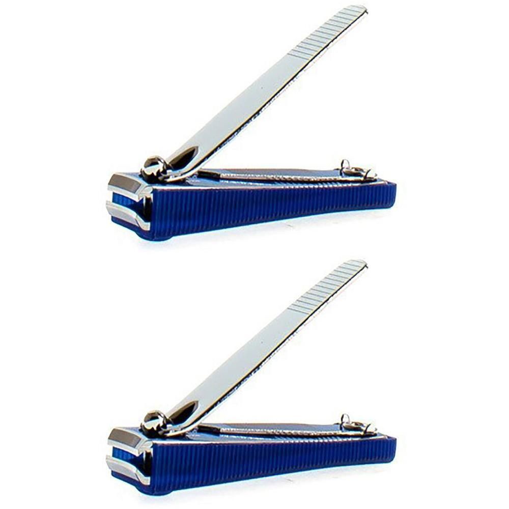 Twee blauwe metalen nagelknippers met geribbelde handgrepen.