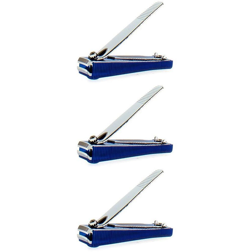 Drie blauwe nagelknippers met zilveren hendels.