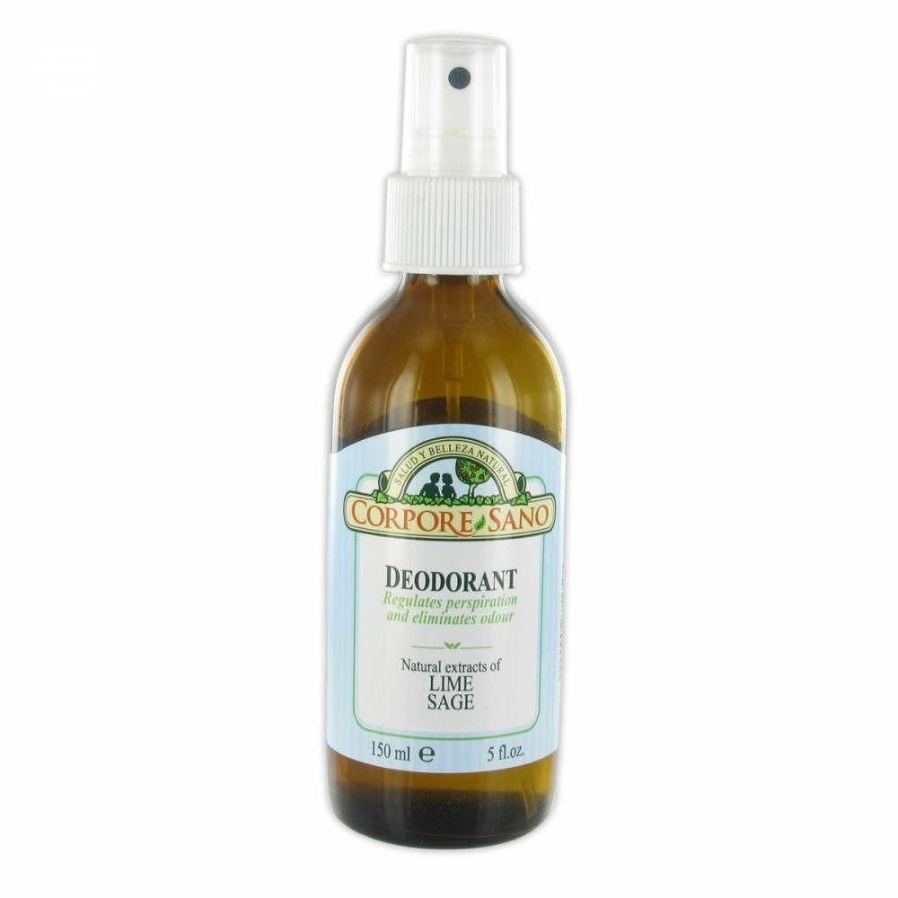Flacon pulvérisateur brun contenant le déodorant Corpore Sano, 150 ml, à la lime et à la sauge.
