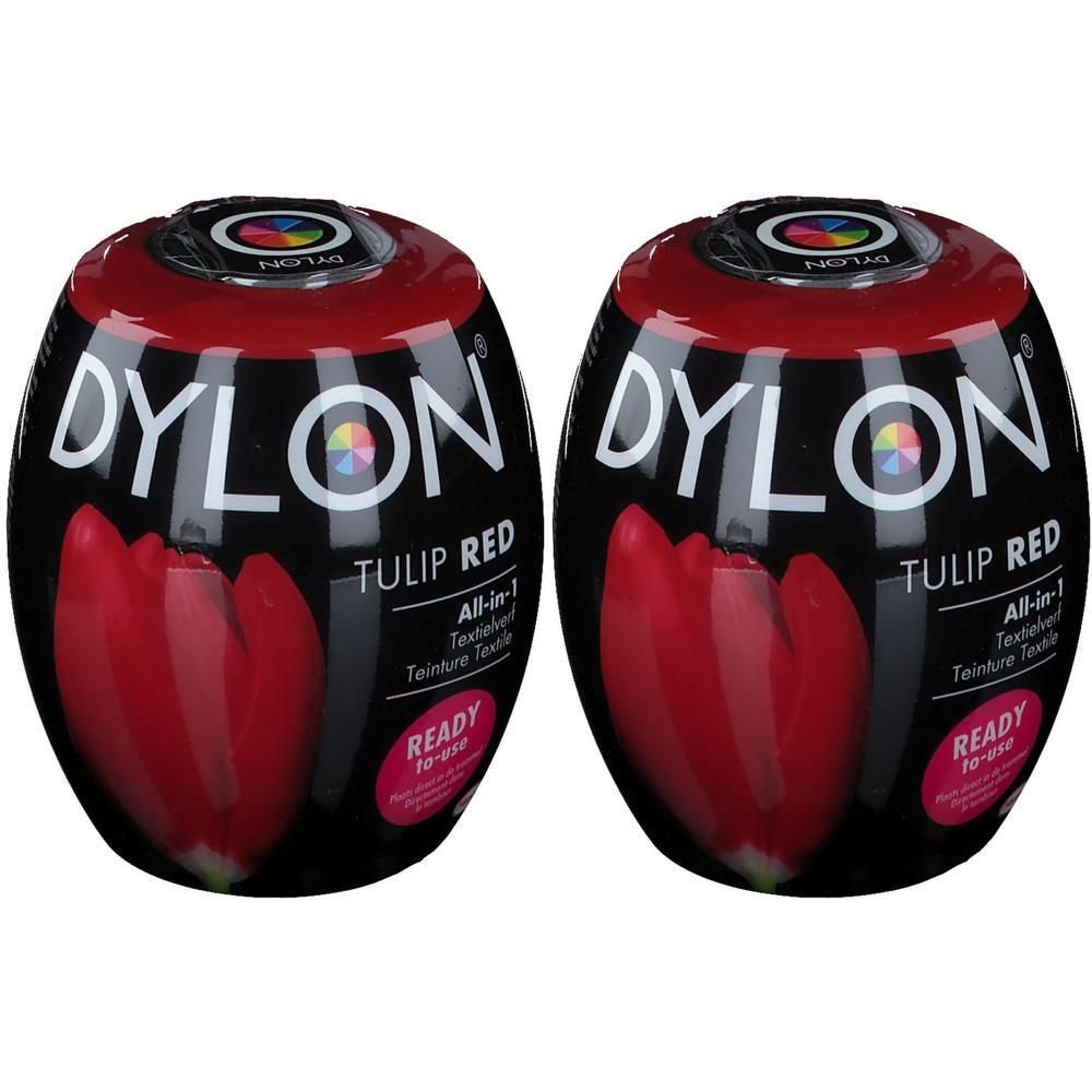 Twee Dylon machineverfjes in Tulp Rood. All-in-1 textielverf.