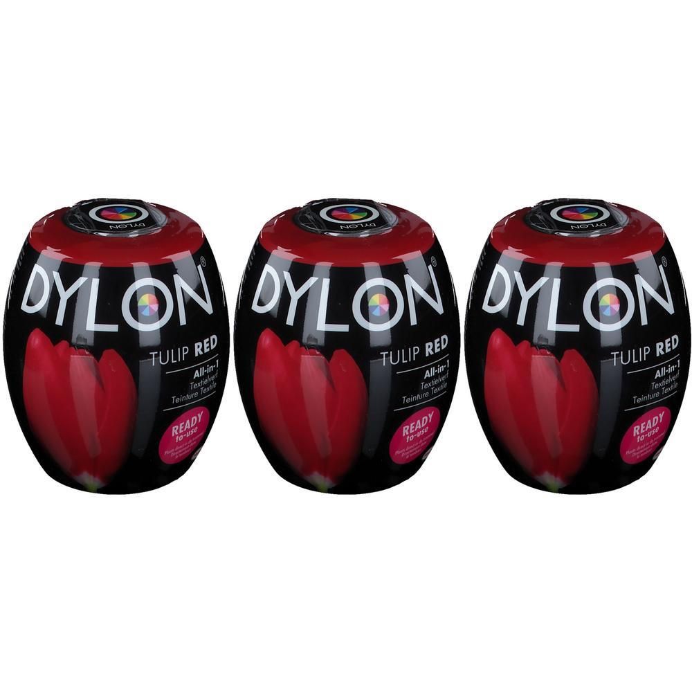 Trois teintures machine Dylon Rouge Tulipe, tout-en-un, prêtes à l'emploi.