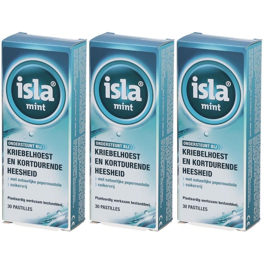Drie pakken Isla Mint pastilles, elk met 30 pastilles. Ondersteunt bij kriebelhoest en heesheid.