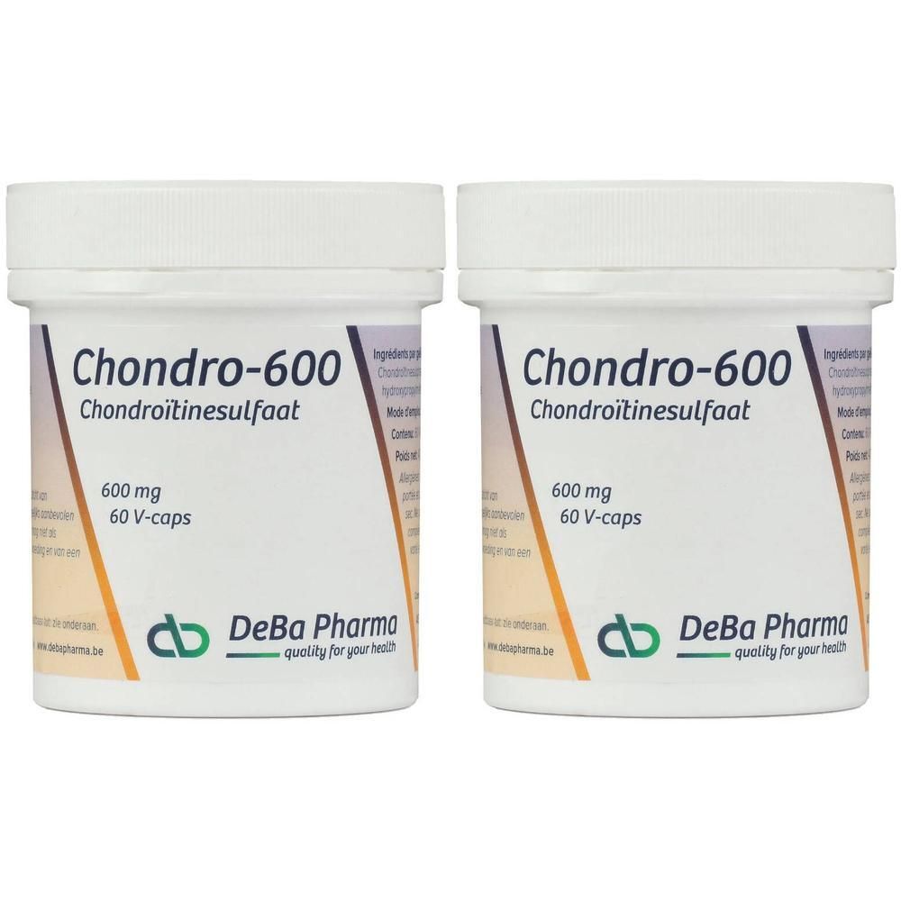 Deux pots de Chondro-600, 60 V-capsules de sulfate de chondroïtine, 600 mg. DeBa Pharma.