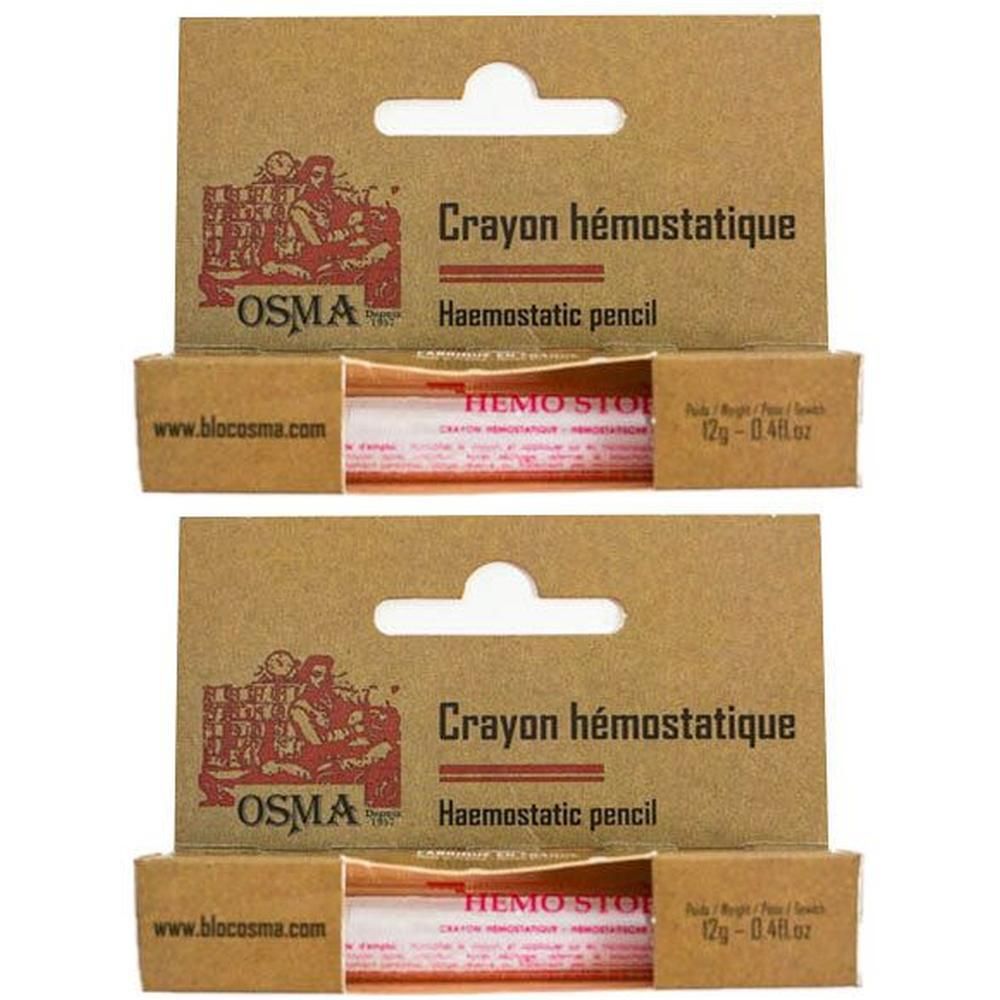 Twee OSMA Hemo-Stop hemostatische potloden in bruine kartonnen verpakking. Elk potlood weegt 12g.