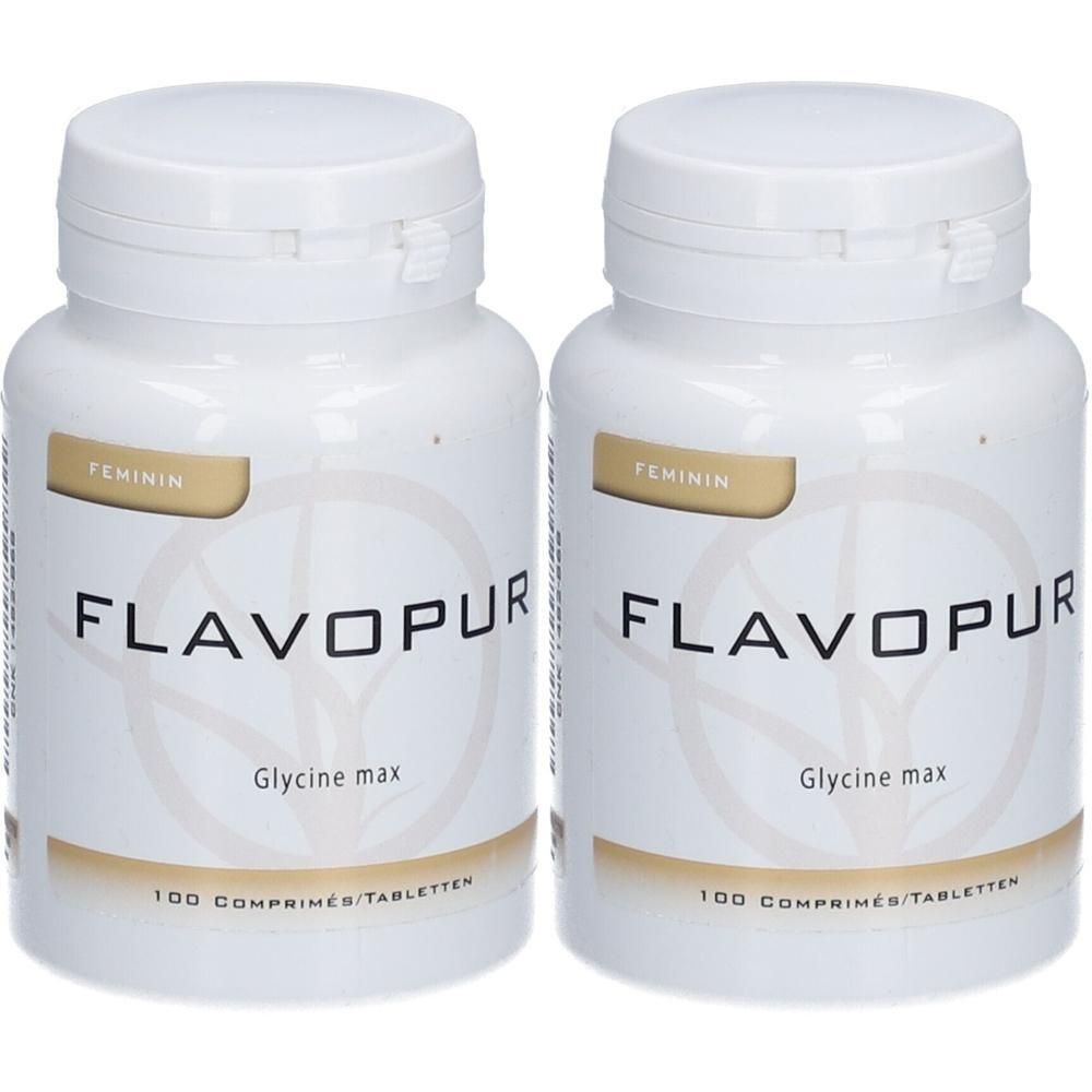 Deux flacons blancs de comprimés Flavopur Glycine max. Chaque flacon contient 100 comprimés.