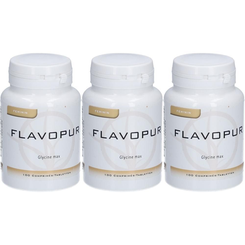 Trois flacons blancs de comprimés Flavopur Glycine max. Chaque flacon contient 100 comprimés.