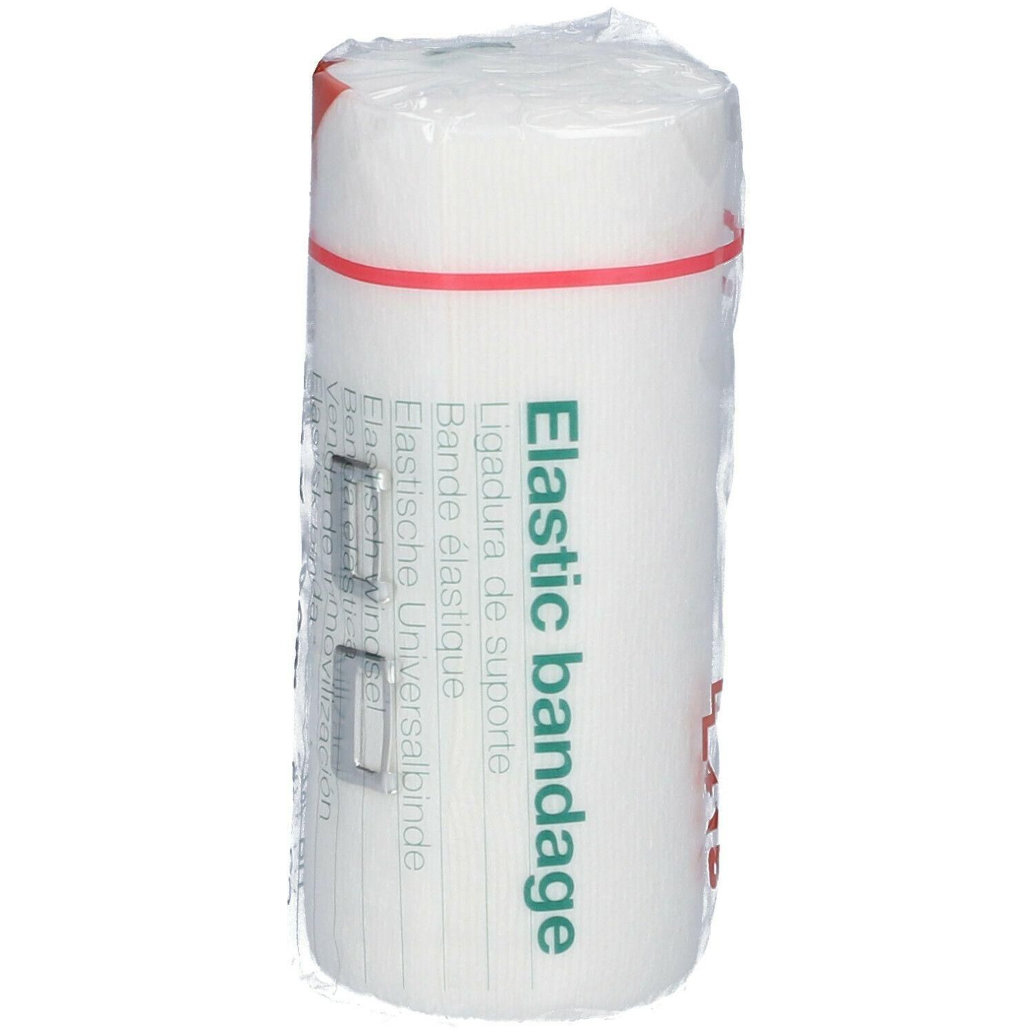 Bande élastique universelle, blanche, bordure rouge, emballée sous film.