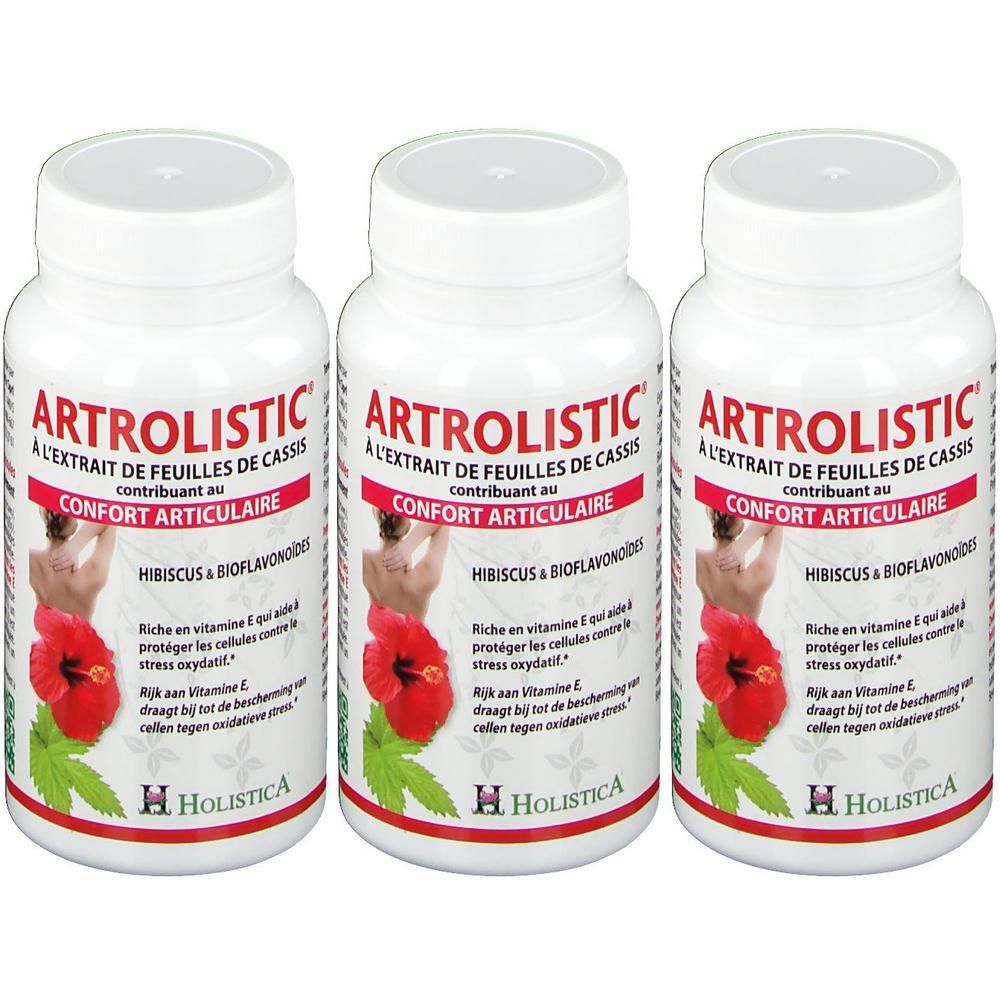 Trois flacons d'Artrolistic avec hibiscus et bioflavonoïdes pour le confort articulaire.