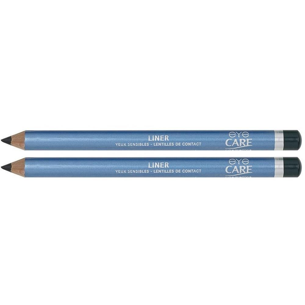 Deux crayons eye-liner bleus avec pointe noire et inscription argentée "EYE CARE LINER".