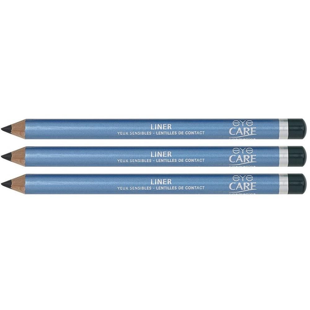 Drie blauwe eyeliner potloden met zwarte punt en zilveren tekst.
