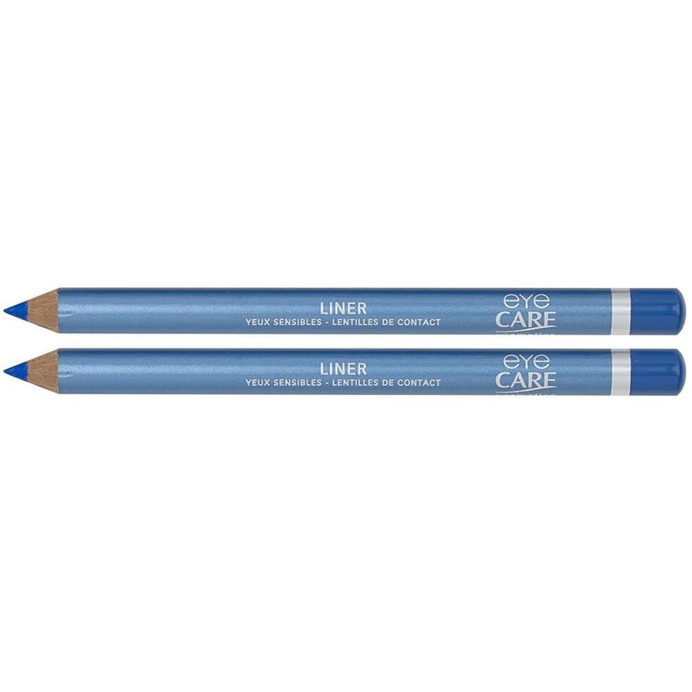 Twee blauwe Eye Care Liner potloden met zilveren accenten. Opschriften: 'LINER', 'YEAUX SENSIBLES - LENTILLES DE CONTACT', 'eye CARE'.