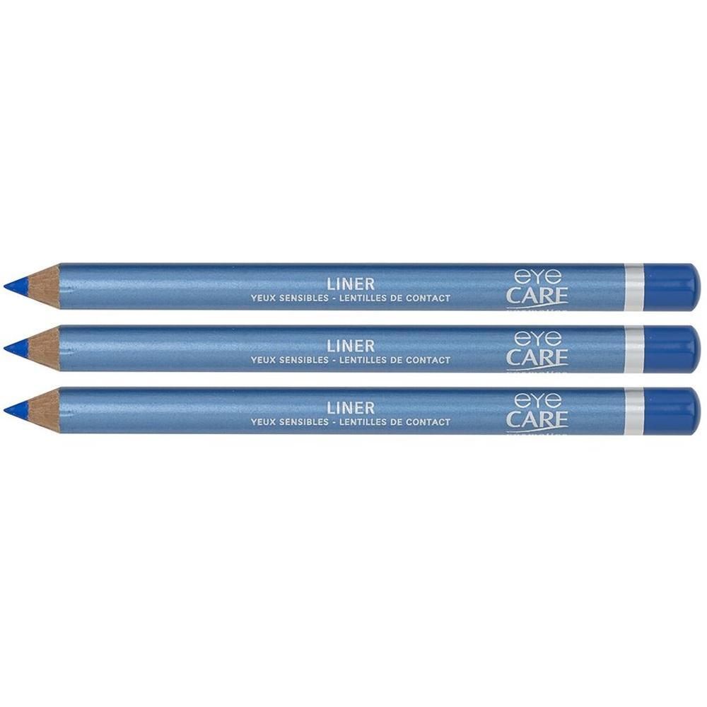 Trois crayons bleus pour les yeux avec inscription argentée et anneau argenté à l'extrémité.