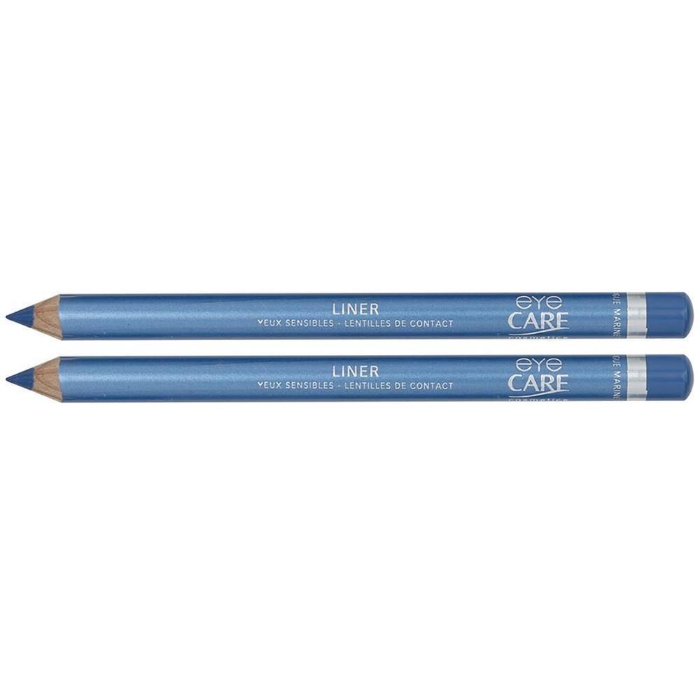 Twee blauwe Eye Care Liner potloden met puntige punt. Opschrift: "EYE CARE LINER".