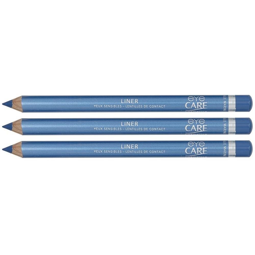 Drie blauwe oogpotloden met punt. Opschrift: Liner, Eye Care.