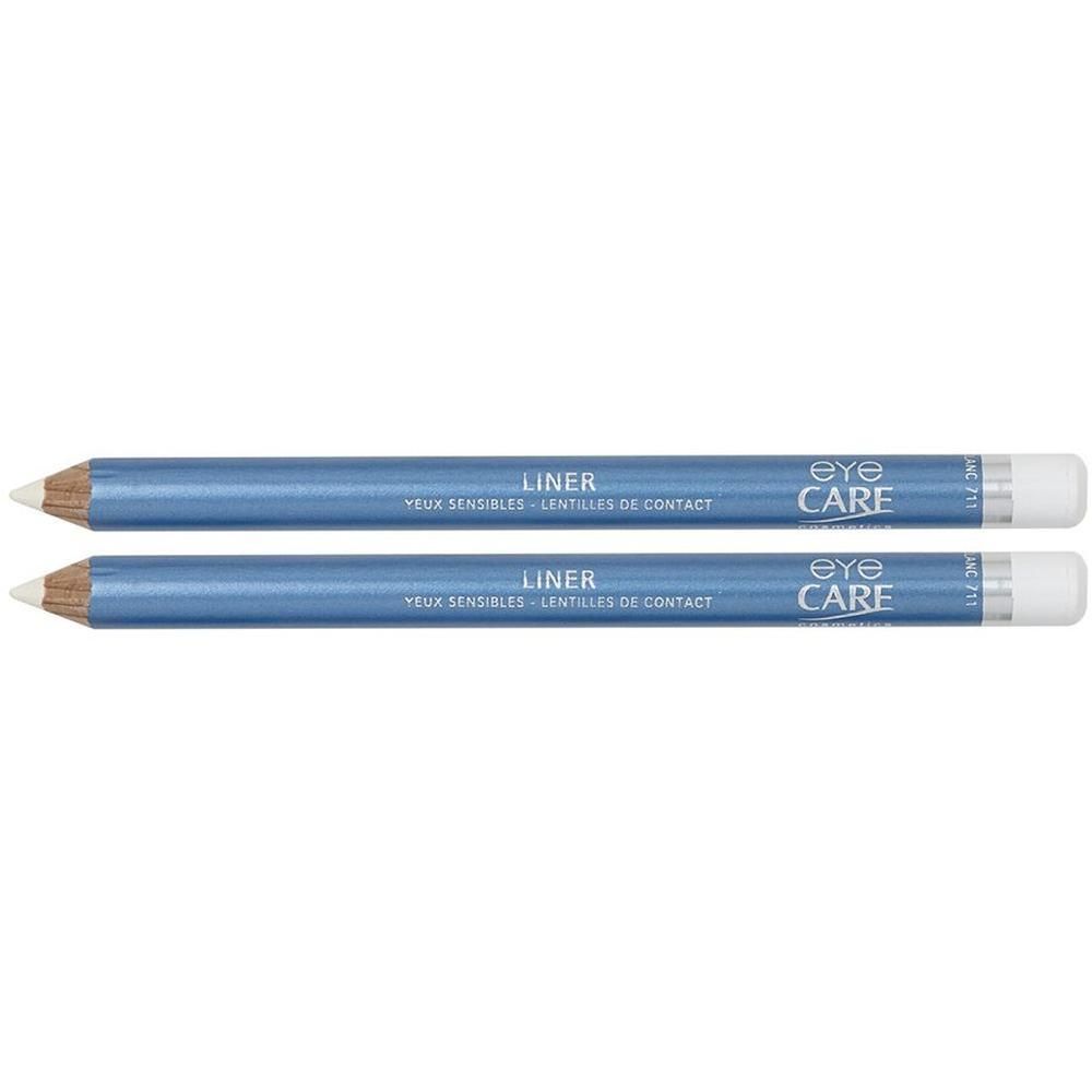 Twee blauwe Eye Care Liner potloden met witte punt.