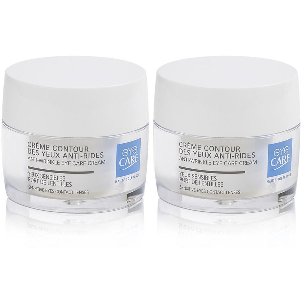 Deux pots de crème contour des yeux anti-rides Eye Care. Contenants transparents avec couvercles blancs.