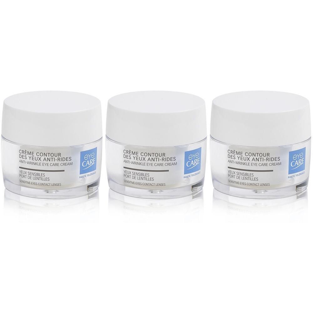 Trois pots de crème contour des yeux anti-rides. Contenants transparents avec couvercles blancs.