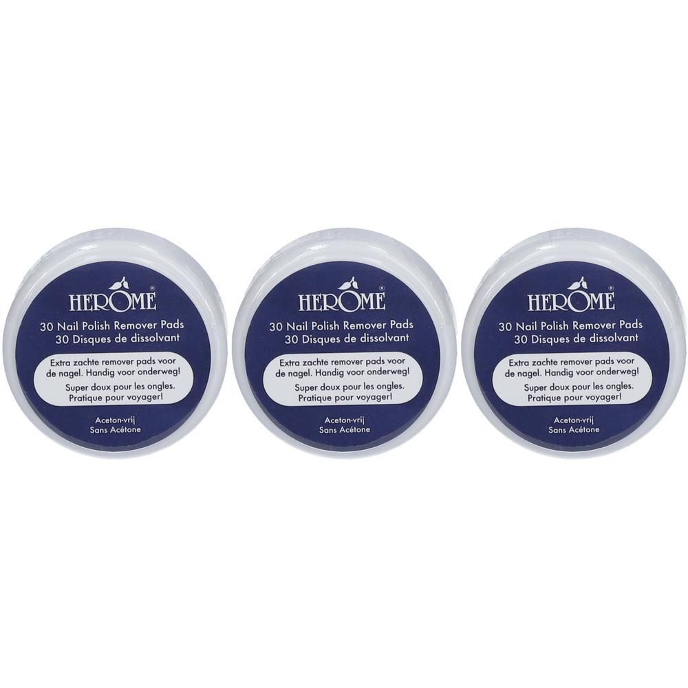 Drie potjes Herôme Nagellak Remover Pads, 30 stuks per potje, zonder aceton.