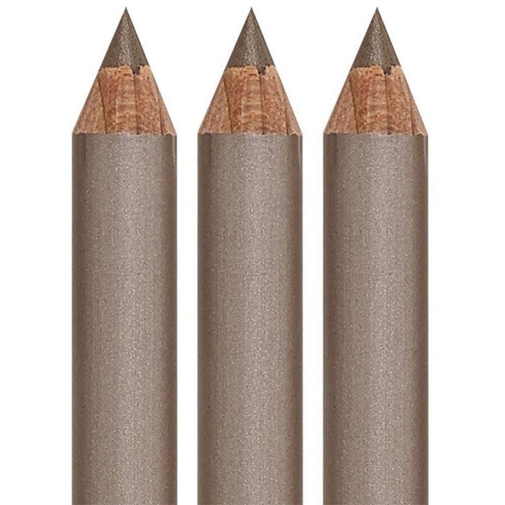 Drie taupe wenkbrauwpotloden met puntige punt en glinsterende schacht.