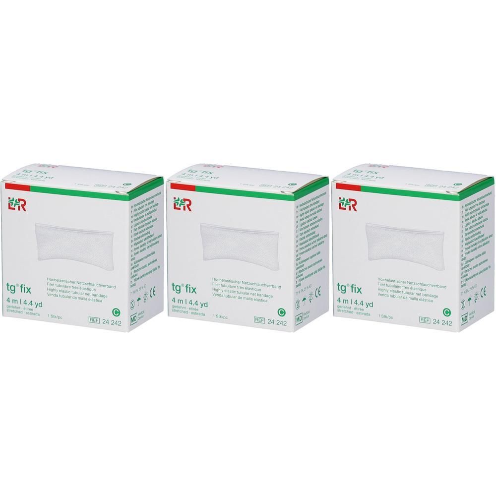 Trois paquets de tg-fix bandage, 4m x 4,4yd. Emballage blanc avec accents verts et informations produit.