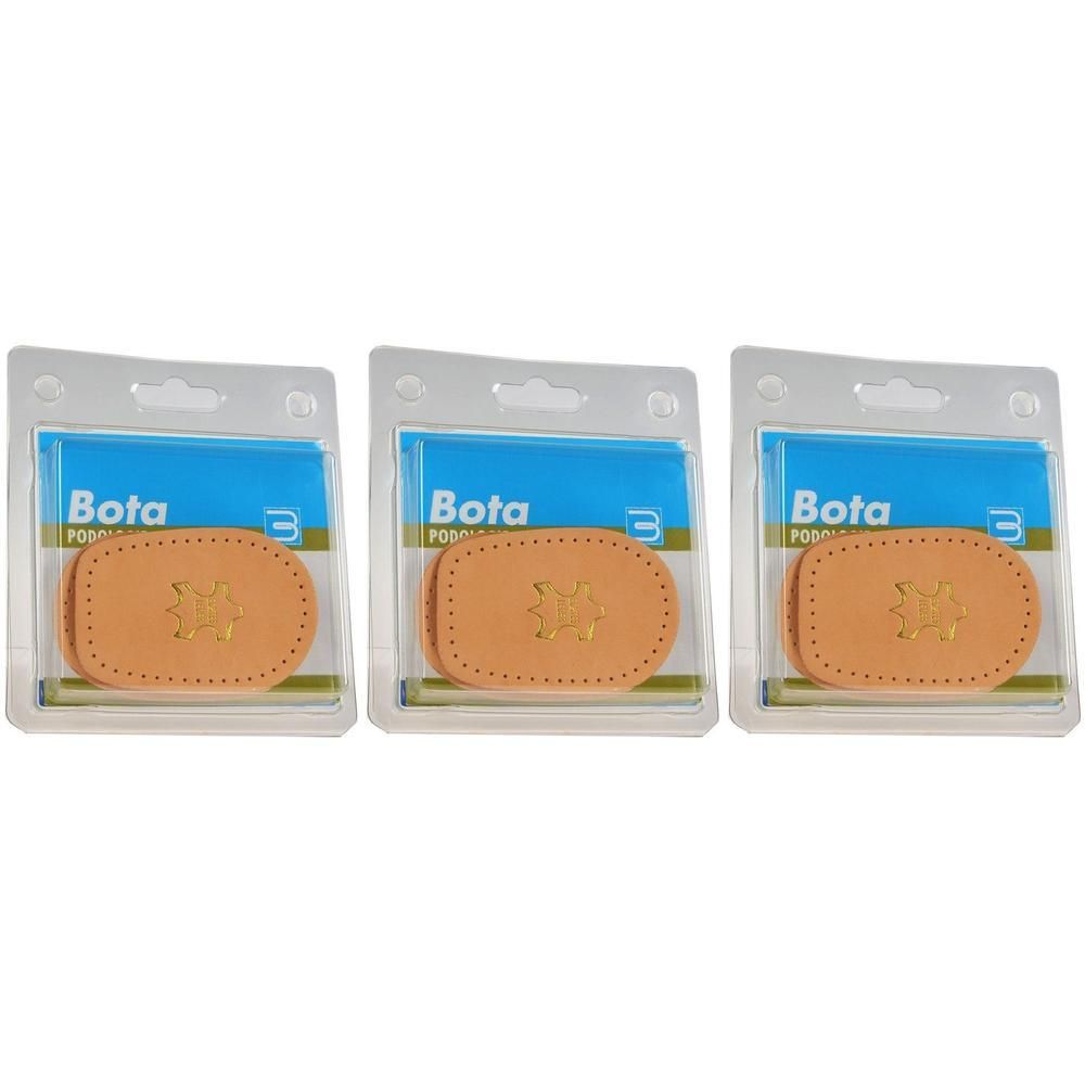 Trois paires de coussinets de talon sous blister. Chaque coussinet est ovale, en cuir, avec un motif en relief.
