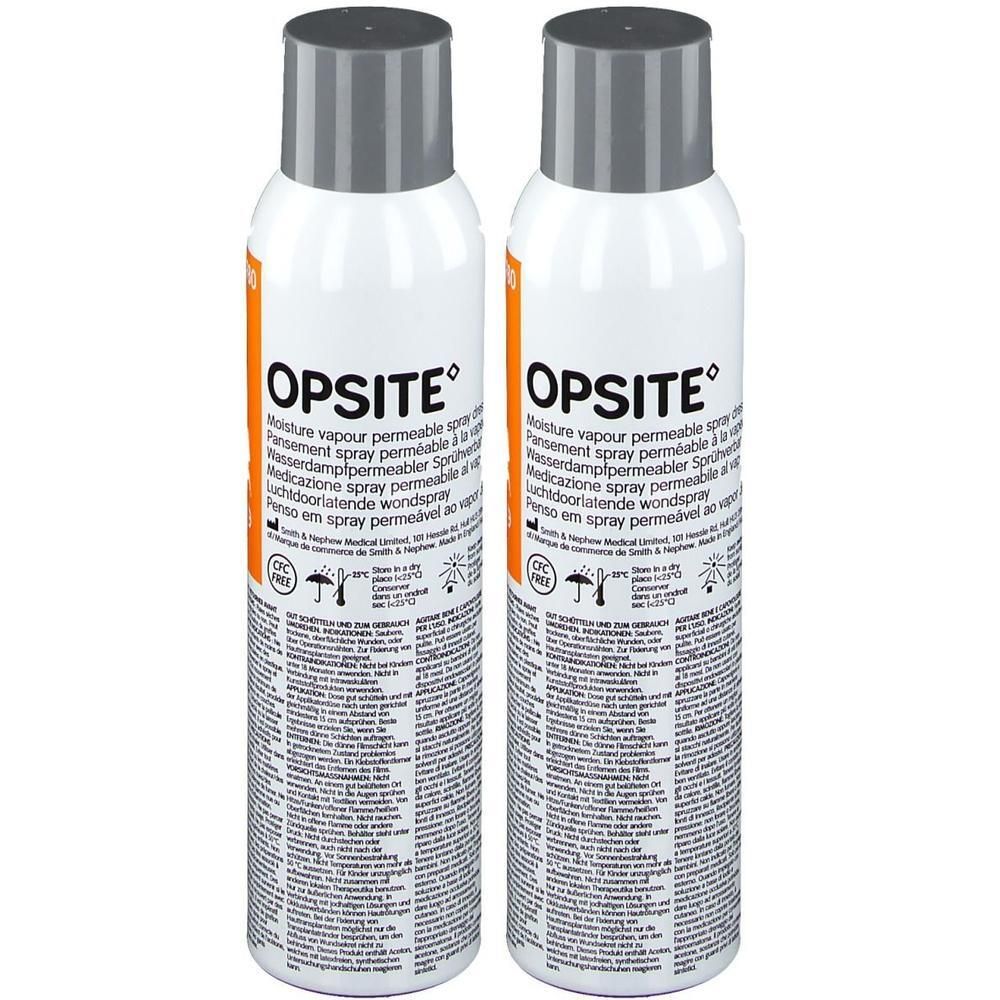 Twee Opsite spuitbussen met zilverkleurige doppen. Witte bussen met zwarte en oranje opdruk.