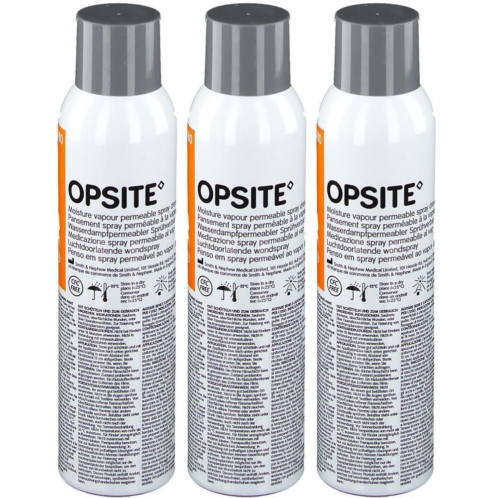 Drie Opsite spuitbussen met vochtdoorlatende wondspray. Witte bussen met oranje etiket en grijze dop.