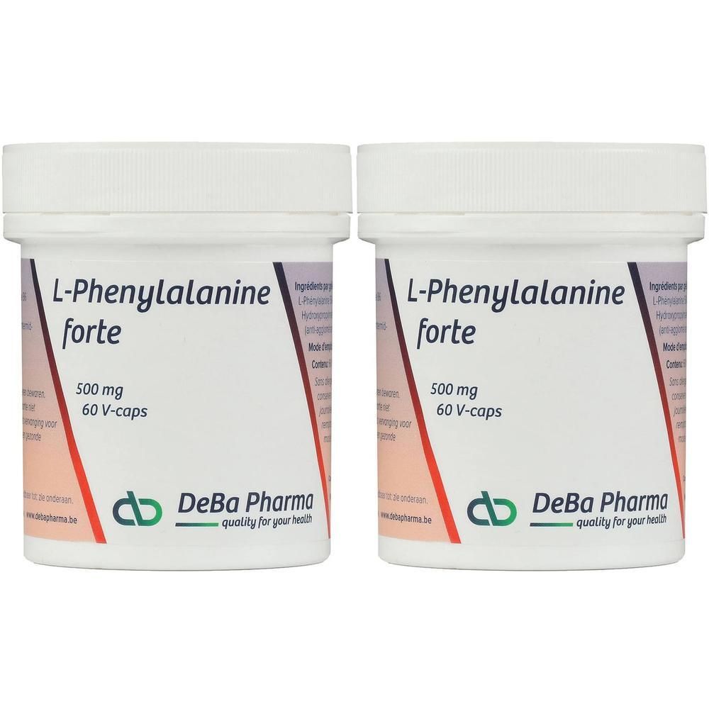 Deux contenants de L-Phénylalanine forte, 500 mg, 60 V-capsules par contenant.
