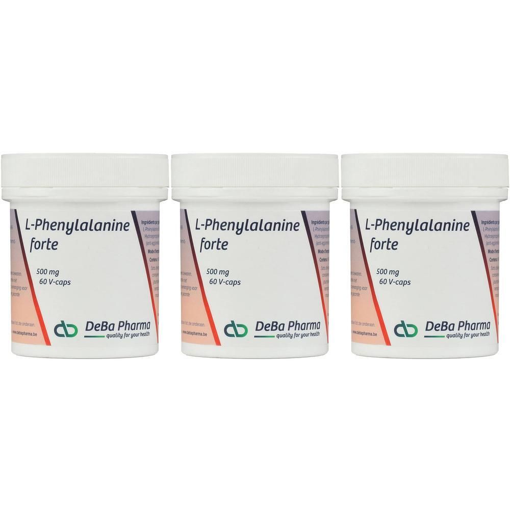 Drie potjes L-Phenylalanine forte, 500 mg, 60 V-capsules per potje.