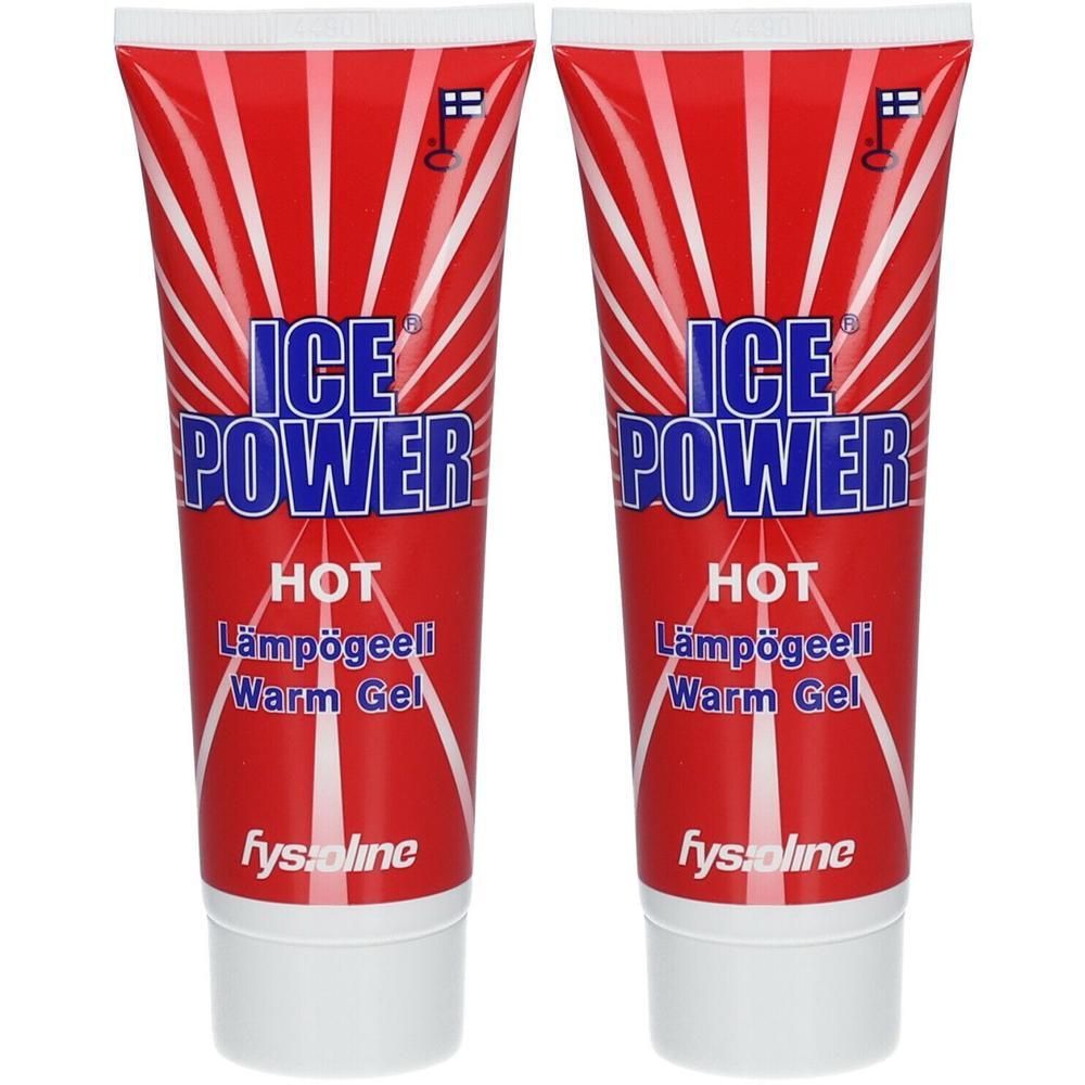 Twee rode tubes "ICE POWER HOT" Warm Gel. Fysoline merk zichtbaar.