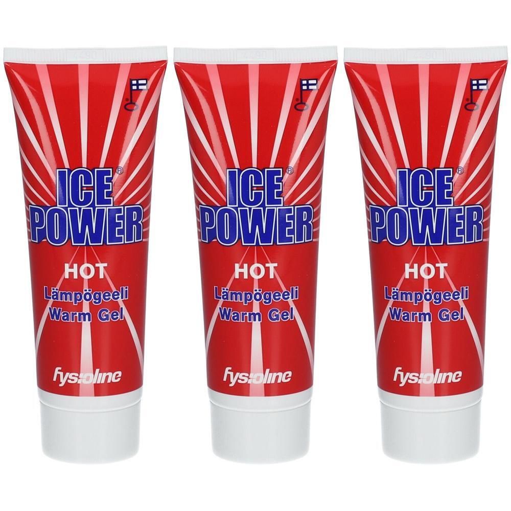 Drie tubes Ice Power Hot Warm Gel met Finse vlaggen. Rood design met witte stralen.