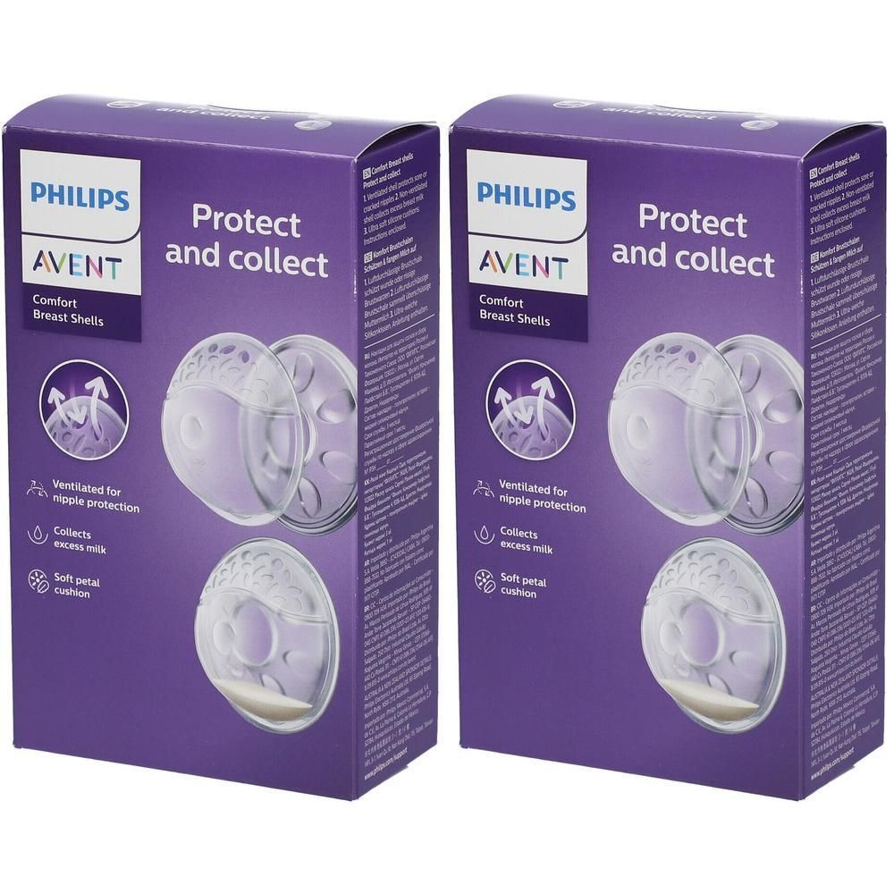 Deux coquilles d'allaitement Philips Avent Comfort avec coussinet en silicone souple. Ventilées pour la protection des mamelons.