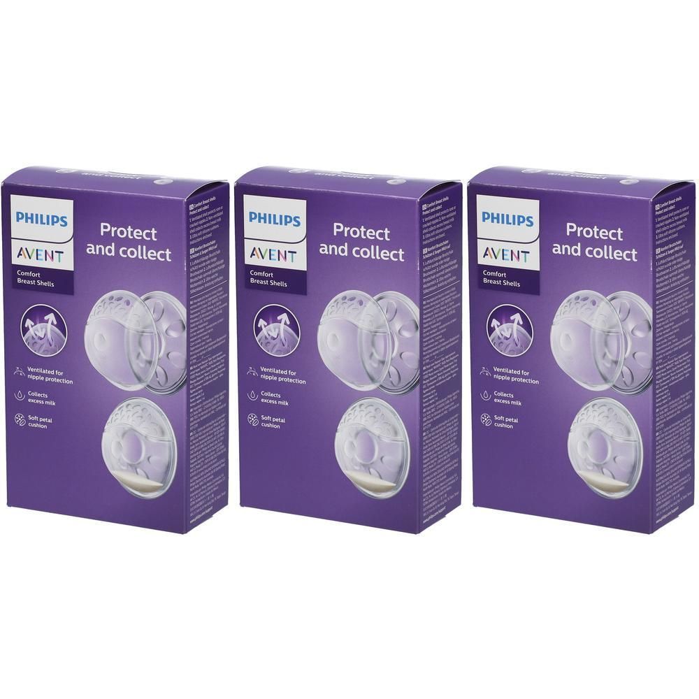 Trois boîtes de coussinets d'allaitement Philips Avent. Chaque boîte contient deux coussinets.
