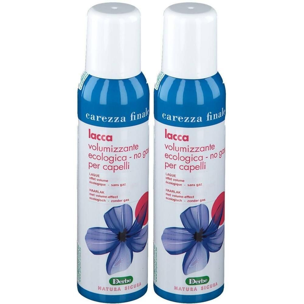 Deux flacons de laque pour cheveux avec fleurs bleues et inscription italienne.
