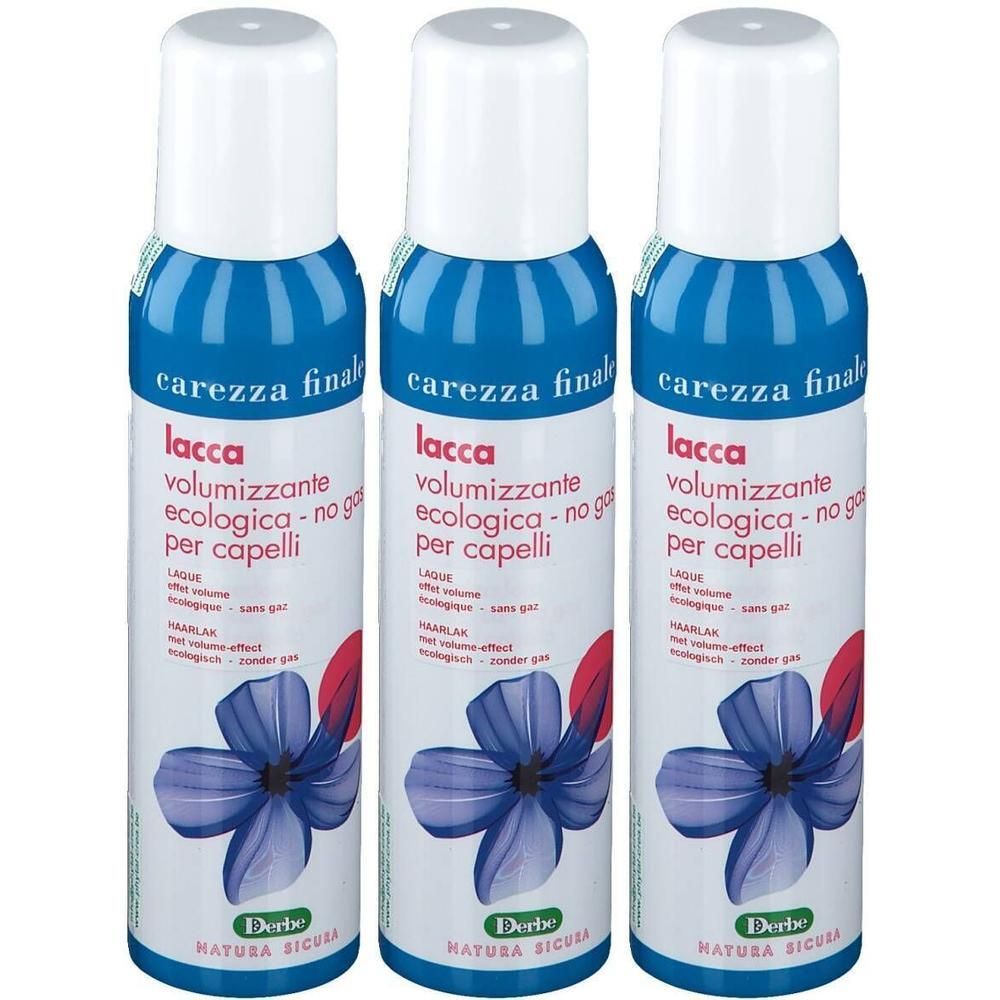 Drie flessen Derbe haarlak met blauwe bloem en tekst. Witte dop.