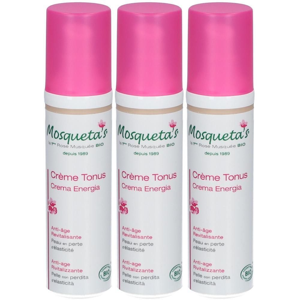 Drie flacons Mosqueta's Rose Musquée Bio Crème Tonus met roze doppen.