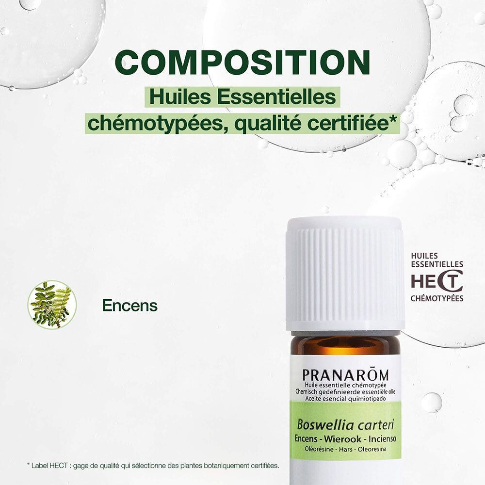Flacon d'huile essentielle d'encens Pranarôm avec label de qualité HECT.