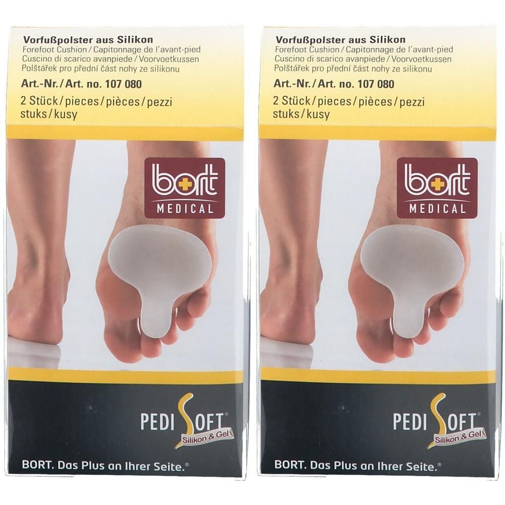 Deux coussinets avant-pied en silicone Bort Medical, modèle PediSoft.