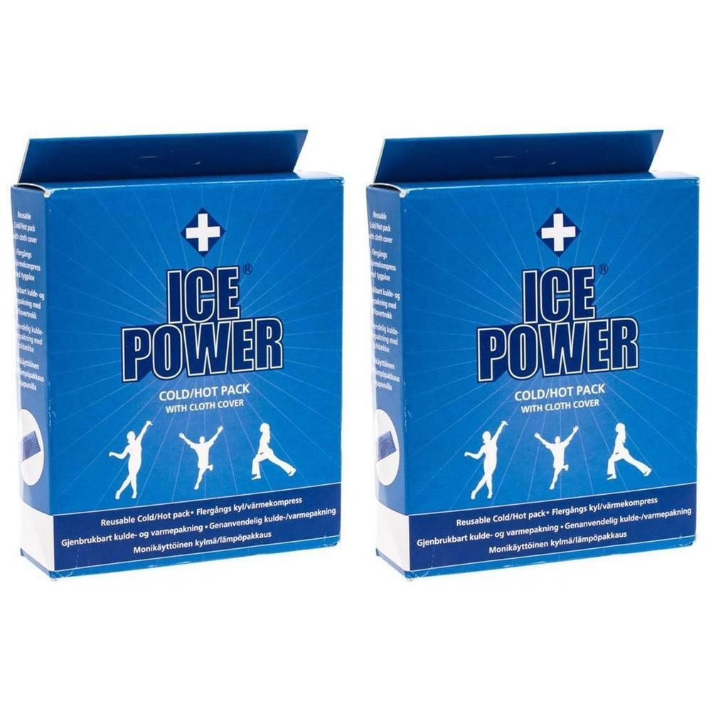 Twee pakken Ice Power Cold/Hot Pack met stoffen hoes. Blauwe dozen met witte belettering en menselijke silhouetten.