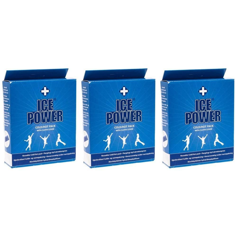 Drie pakken Ice Power Cold Hot Pack met stoffen hoes. Blauwe dozen met wit logo en gestileerde menselijke figuur.