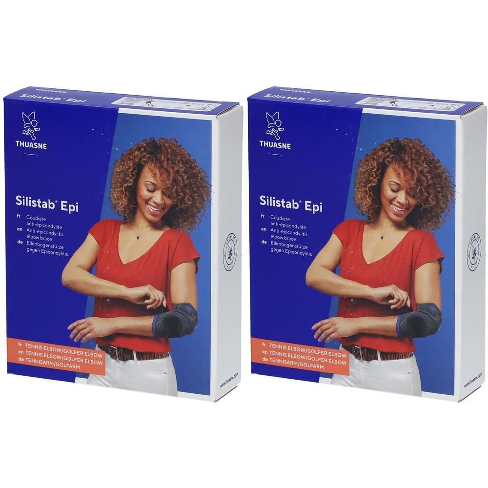 Twee verpakkingen Thuasne Silistab Epi elleboogbrace. Blauwe doos met afbeelding van een vrouw met brace.