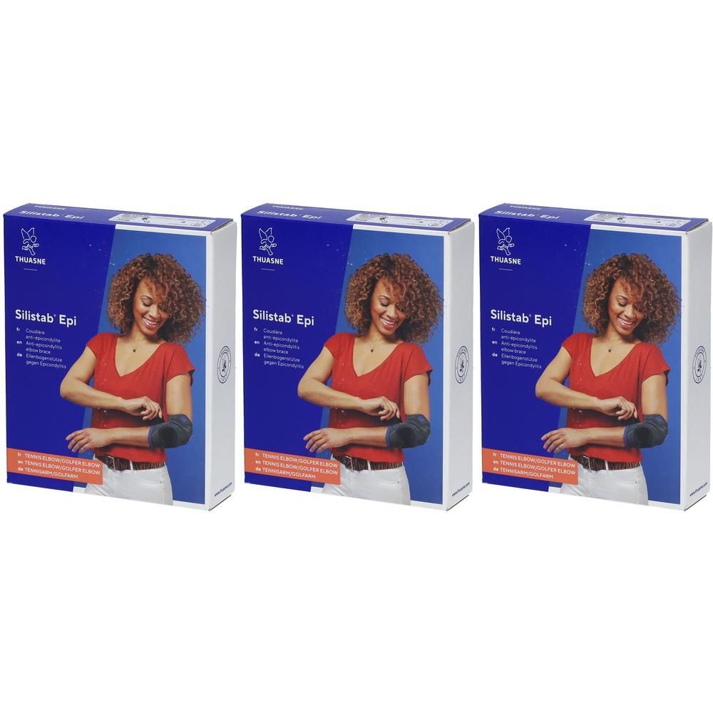 Drie verpakkingen Thuasne Silistab Epi elleboogbraces. Een vrouw draagt een brace om haar elleboog.