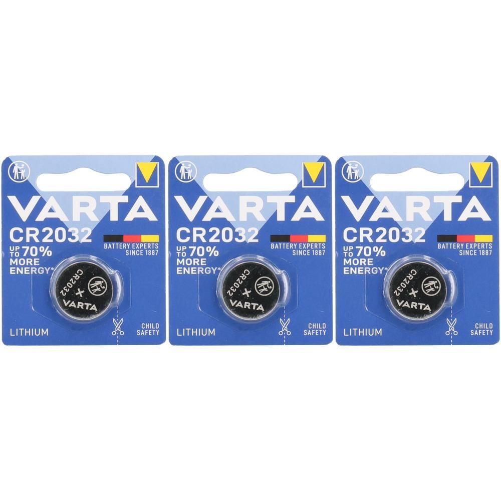 Trois piles bouton lithium Varta CR2032 sous blister.