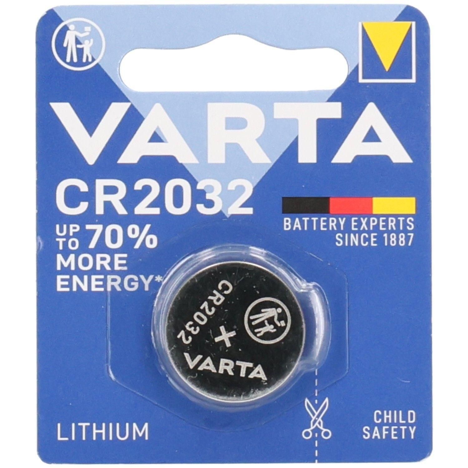 Varta CR2032 lithium knoopcelbatterij, tot 70% meer energie, kindveilige verpakking.