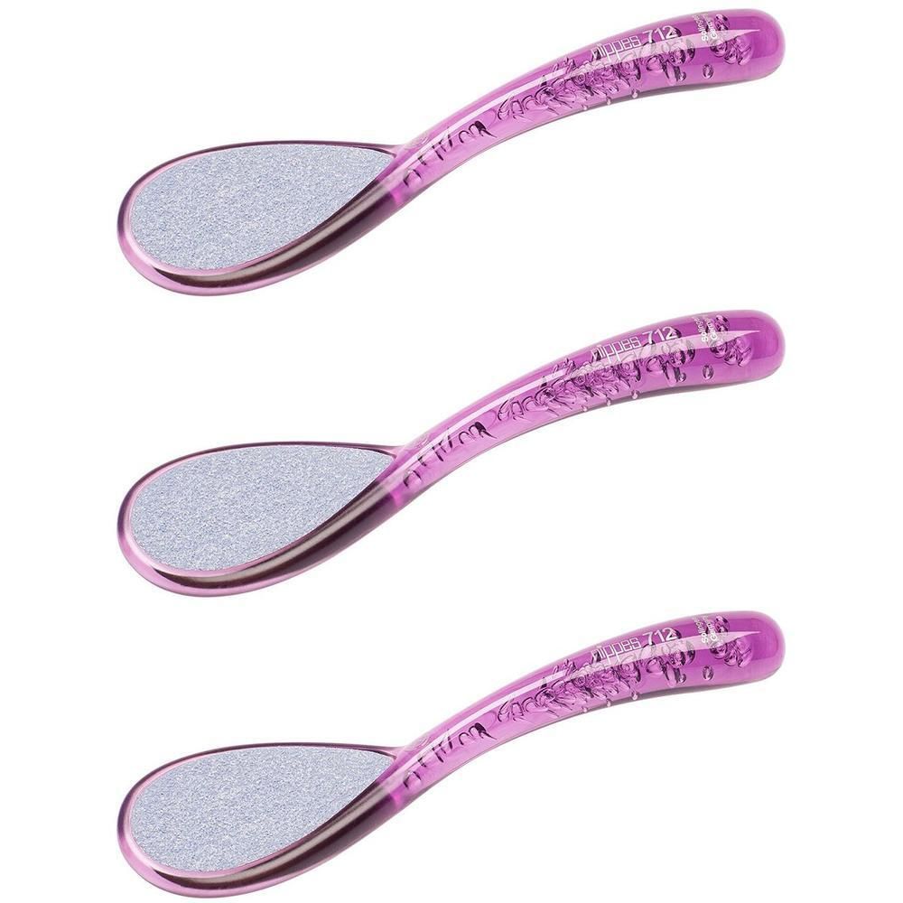 Drie paarse voetraspen met ergonomisch handvat en zilveren raspoppervlak.