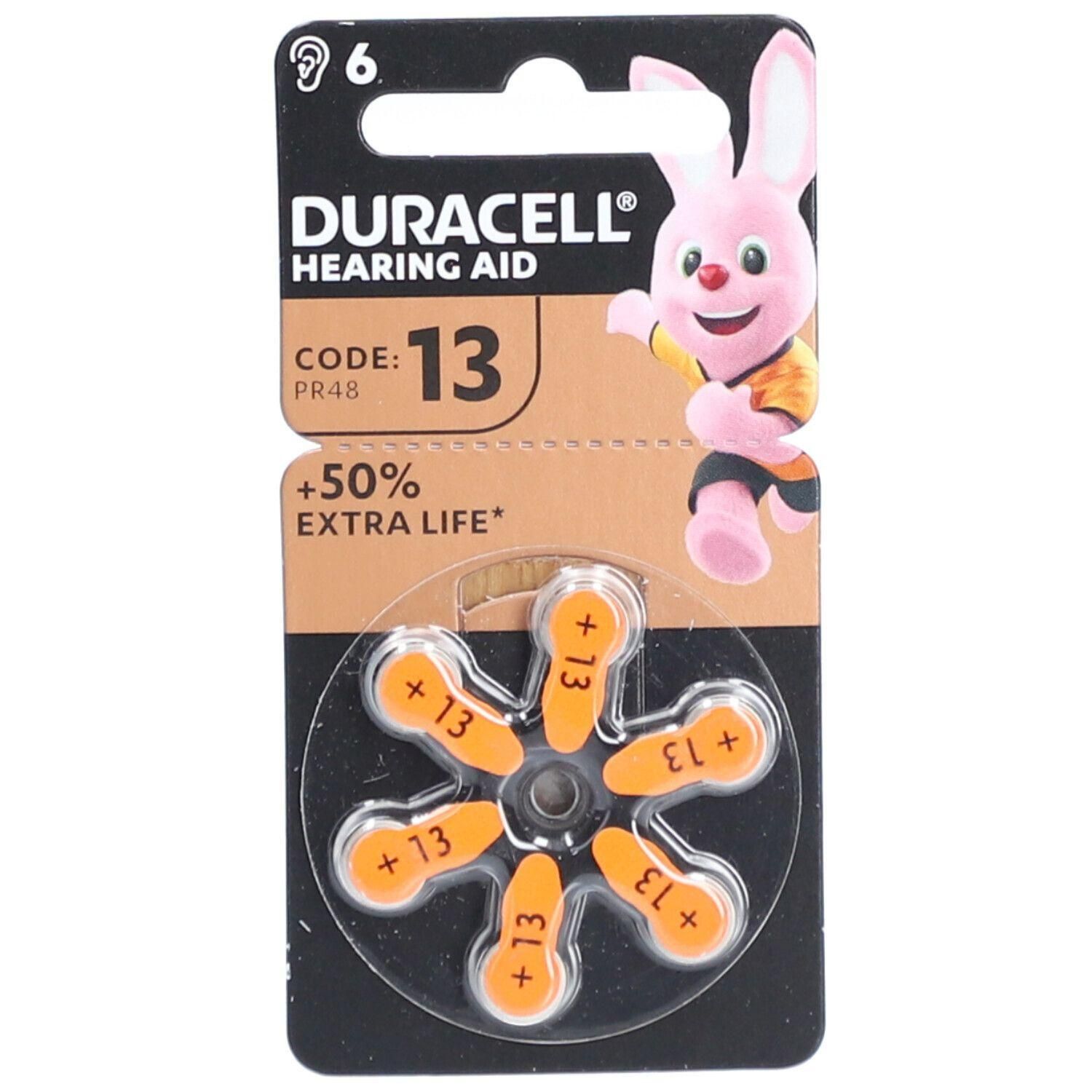 Piles auditives Duracell, taille 13, orange, 6 pièces sous blister.